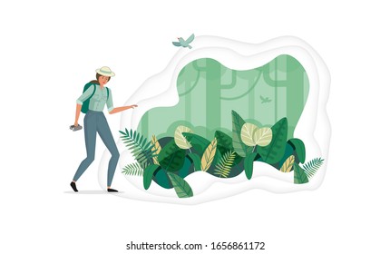 Backpacker, traveller or explorer looking at nature. backpacking, adventure tourism and travel, discovery of new horizons. Flat vector illustration. Woman explorer, traveler