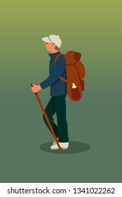 Backpacker trekking cartoon vector illustration. Middle aged traveler with backpack and stick. Male tourist flat character hiking. Expedition, exploration. Camping journey clipart. Active holiday