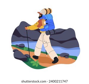 Backpacker trekking, hiking with walking poles. Hiker tourist with backpack, explorer camper travels alone in nature. Man in adventure. Flat graphic vector illustration isolated on white background