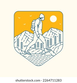 Backpacker Trip Across River, Forest, and Mountains Monoline Design Illustration for Apparel