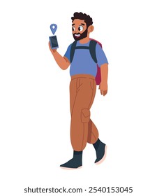 backpacker using gps in mobile phone isolated