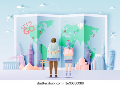 Backpacker with various travel attractions in paper art style and pastel color and famous tourist landmarks elements for travel and tour . Vector illustration