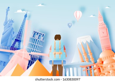 Backpacker with various travel attractions in paper art style and pastel color and famous tourist landmarks elements for travel and tour . Vector illustration