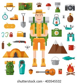 Backpacker vector camping set. Hike and camp gear in flat. Hiking equipment collection and happy camper guy with tourist backpack. Hiker character. Tourist basecamp accessories.