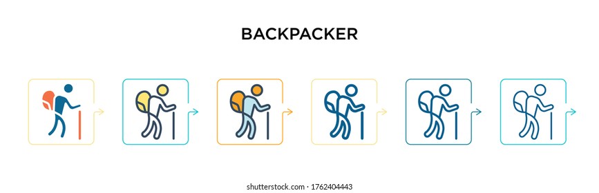 Backpacker vector icon in 6 different modern styles. Black, two colored backpacker icons designed in filled, outline, line and stroke style. Vector illustration can be used for web, mobile, ui