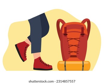 Backpacker walking to camping mountain adventure.Explore the beauty of the world.Flat illustration