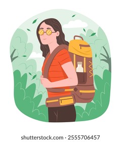 Backpacker Woman Hiking in Forest for Outdoor Recreation Activity Concept Illustration