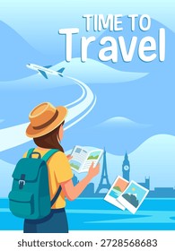 Backpacker Woman Reading Map with Airplane and World Landmarks, Adventure Travel Concept Illustration