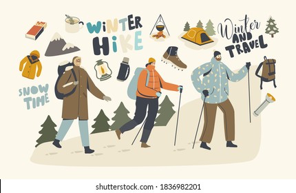 Backpackers Character Climbing on Rock with Scandinavian Sticks. Men, Woman Travelers Adventure, Winter Vacation Hiking Hobby Concept. Tourists Walking Route Outdoor. Linear People Vector Illustration