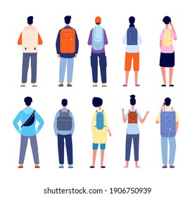 Backpackers Characters. Travelling Equipment, People Backpack On Back. Travel Person Stand With Their Backs, Hiking Or Vacations Utter Vector Set