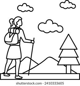 backpackers or Girl Hiker Concept, tramping or Trekking vector outline icon design, behavioral orientations symbol, Individual identity or Style of life Sign, Sustainable living stock illustration