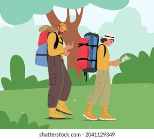 Backpacker lernen Karte wählen Sie richtig. Reisende Wanderabenteuer, Urlaubsreiskonzept. Aktive Touristen Charaktere Wanderweg, Wanderung Outdoor Aktivität. Vektorgrafik von Cartoon People