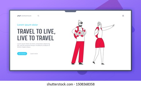 Backpackers Learning Map Website Landing Page. Travelers Hiking Adventure Vacation Concept. Man and Woman Tourists Walking Route Outdoors Web Page Banner. Cartoon Flat Vector Illustration, Line Art