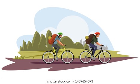 Backpackers on bicycles vector illustration. Male tourists on mountain bikes. Extreme sport fans enjoying ecotourism cartoon characters. Students, hikers with rucksacks riding on countryside road