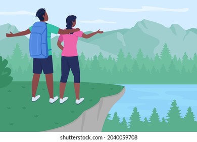 Backpackers on mountain peak flat color vector illustration. Recreational adventure. Tourists together. Hugging couple enjoying view 2D cartoon characters with landscape on background