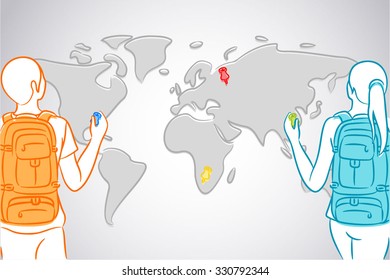 Backpackers with pins marking his tour visiting every continent in drawing