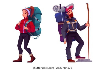 Backpackers set isolated on white background. Vector cartoon illustration of young woman and man hiking, wearing jackets and sports shoes, tourist equipment and trekking sticks, holiday adventure