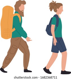 Backpackers woman and man at airport, vector illustration. People characters with luggage in airport. Passengers with baggage, international and domestic airport. Flat style.