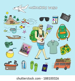 Backpackers world. Travel. Doodle set in vector isolated on a light blue background.