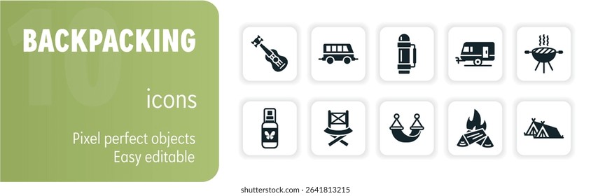 Backpacking editable stroke icon set with guitar, bus, camping gas, camper van, barbecue, mosquito repellent, camping chair, hammock, bonfire and tent