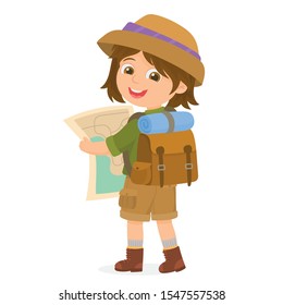 Backpacking girl looking for an address on a map
