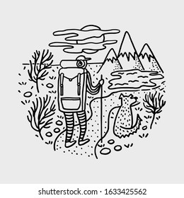 backpacking hiking man with a dog doodle vector illustration