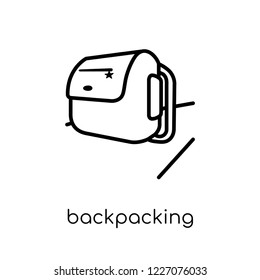Backpacking icon. Trendy modern flat linear vector Backpacking icon on white background from thin line Architecture and Travel collection, editable outline stroke vector illustration