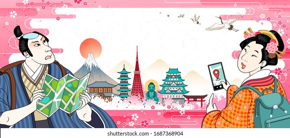 Backpacking in Japan concept, with geisha and samurai ready to visit world famous landmarks of Japan