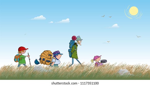 Backpacking kids go through the steppe vector cartoon