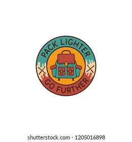 Backpacking Logo Emblem. Vintage hand drawn travel badge. Featuring colorful flat backpack and custom adventure quote - pack lighter - go further. Stock vector hike, wanderlust insignia isolated.