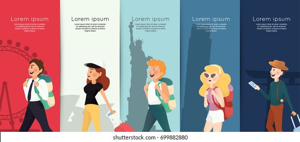 Backpacking people with traveling landmarks background