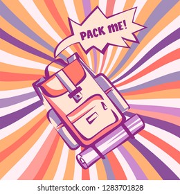 Backpacking, retro stylized illustration. Backpack with comic speech explosion and vintage colorful rays in pop art style. Vector image