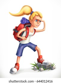 Backpacking tourist. Girl with backpack, 3d vector icon