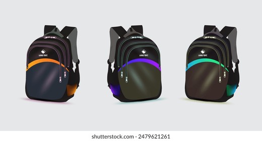 Die Rucksäcke sind alle in verschiedenen Farben und haben ein geometrisches Design