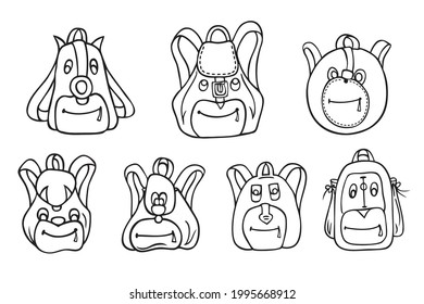 Backpacks with animal faces. A set of black-and-white linear illustrations.