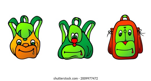 Backpacks with animal faces. Vector illustrations in red and green colors.