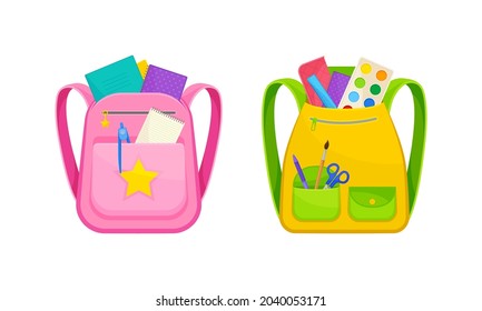 Backpacks full of stationery objects set. School bags with paints, scissors, pencil case, notebooks. Back to school concept vector illustration