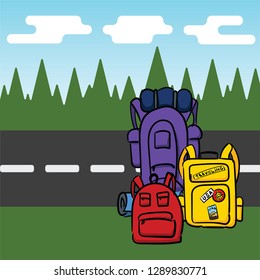 backpacks and road. Hand drawn
