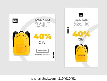 Backpacks sale social media banner in two formats for post and story. Vector advertising banners concept in minimal style.