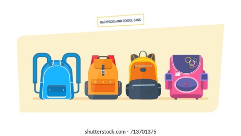 Backpacks and school bags concept. Education and study, school bag luggage, backpacks with school supplies. Student satchels collection. Vector illustration isolated.