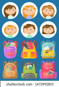 Backpacks or schoolbags with stationery, school children avatars. Rucksacks with books, girls and boys, sticker of smiling pupils or students, classmates and bags. Back to school concept. Flat cartoon