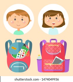 Backpacks or schoolbags with stationery, school children avatars. Rucksacks with books, girls and boys, sticker of smiling pupils or students, classmates and bags. Back to school concept. Flat cartoon