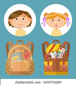 Backpacks or schoolbags with stationery, school children avatars. Rucksacks with books, girls and boys, sticker of smiling pupils or students, classmates and bags. Back to school concept. Flat cartoon