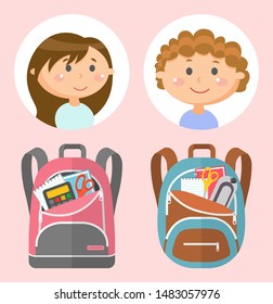 Backpacks or schoolbags with stationery, school children avatars. Rucksacks with books, girls and boys, sticker of smiling pupils or students, classmates and bags. Back to school concept. Flat cartoon