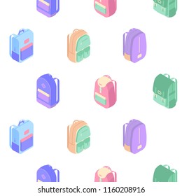 Backpacks seamless pattern with colorful isometric school bags isolated on white background. Back to school vector isometric concept illustration in flat design.