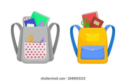 Backpacks set. School bags full of stationery supplies. Back to school concept vector illustration