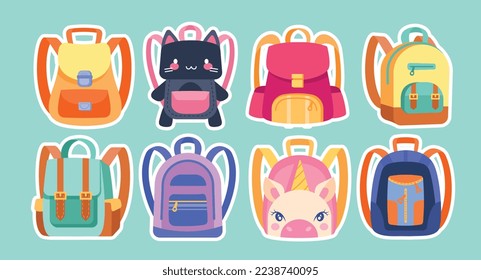 Backpacks stickers set. Collection of graphic elements for website, bags for hiking and camping, childrens accessories for school. Cartoon flat vector illustrations isolated on blue background