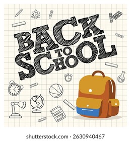 Backpacks and various school related elements with checkered background. Suitable for promotion and education design. Flat vector illustration