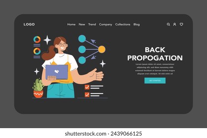 Backpropagation im KI-Konzept. Zuversichtliche Codierer, die den neuronalen Netzwerkprozess auf ihrem Laptop illustriert und Datenfluss und Lernanpassungen darstellt. Neuronale Knotenverbindungen. Flache Vektordarstellung