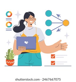 Backpropagation in AI concept. Confident coder illustrating neural network process on her laptop, depicting data flow and learning adjustments. Neural node connections. Flat vector illustration